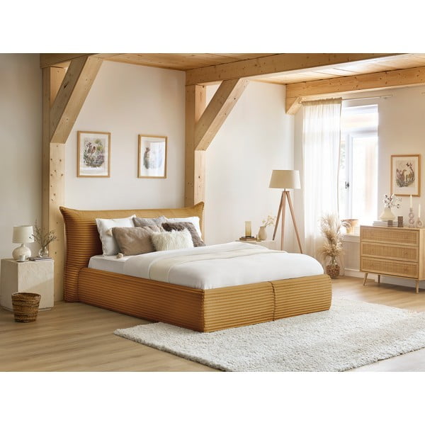 Žltá čalúnená dvojlôžková posteľ s úložným priestorom a roštom 160x200 cm Jade – Bobochic Paris-image-1