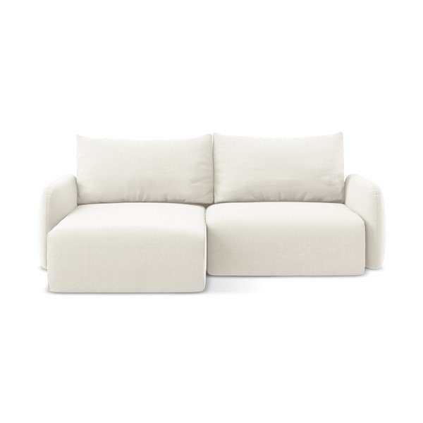 Krémová zamatová rozkladacia/s úložným priestorom rohová pohovka (ľavý roh/s leňoškou) Kalena – Makamii