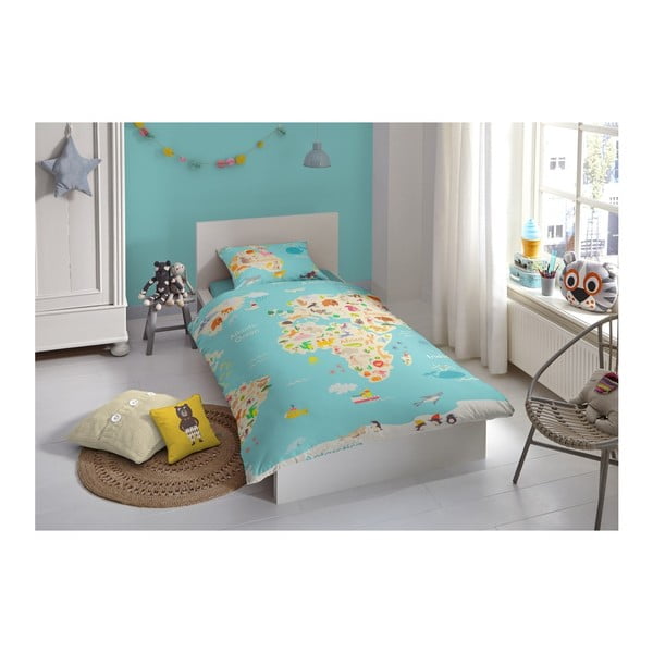 Detské bavlnené obliečky na jednolôžko Good Morning Worl Map, 140 × 200 cm-image-1