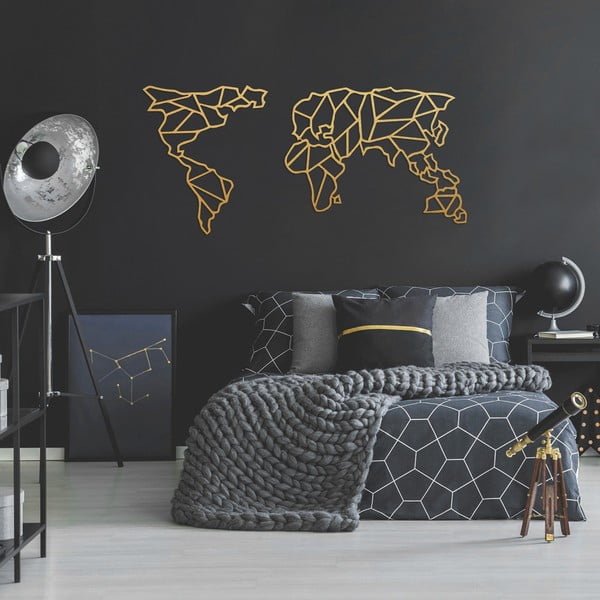Kovová nástenná dekorácia v zlatej farbe Geometric World Map, 150 × 80 cm