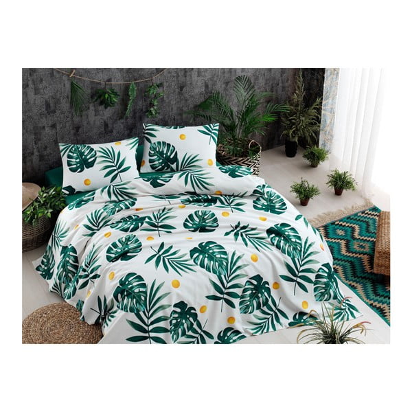 Set bavlneného plédu cez posteľ, plachta a 2 obliečky na vankúš Monstera Green, 200 x 235 cm