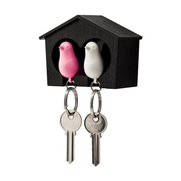 Hnedý vešiačik na kľúče s bielou a ružovou kľúčenkou Qualy Duo Sparrow