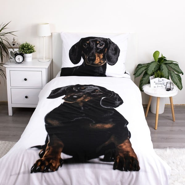 Čierno-biele bavlnené detské obliečky na jednolôžko 140x200 cm Dachshund – Jerry Fabrics-image-1