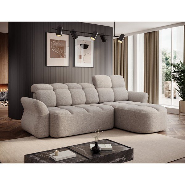 Béžová rozkladacia/s úložným priestorom rohová pohovka z textílie buklé (pravý roh/s leňoškou) Beneth – ELTAP-image-1