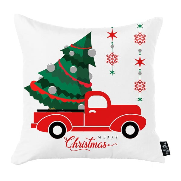 Biela vianočná obliečka na vankúš Mike & Co. NEW YORK Honey Christmas Car and Tree, 45 x 45 cm