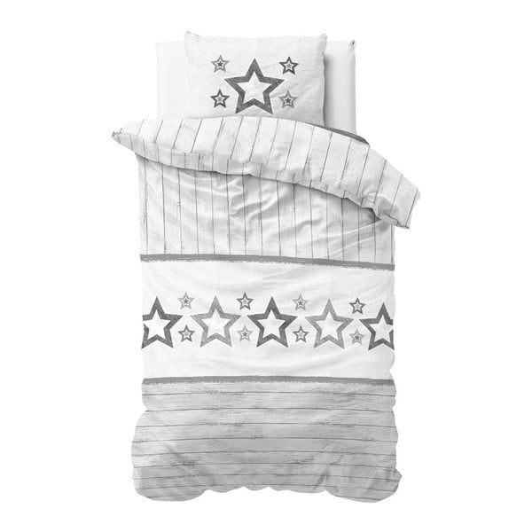 Sivo-biele obliečky z mikroperkálu Sleeptime Stars, 140 × 220 cm