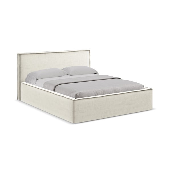 Krémovobiela čalúnená dvojlôžková posteľ s úložným priestorom s roštom 180x200 cm Anani – Makamii-image-1
