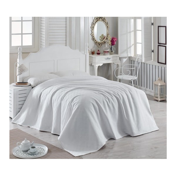Biely bavlnený pléd cez posteľ Magnona, 200 × 240 cm