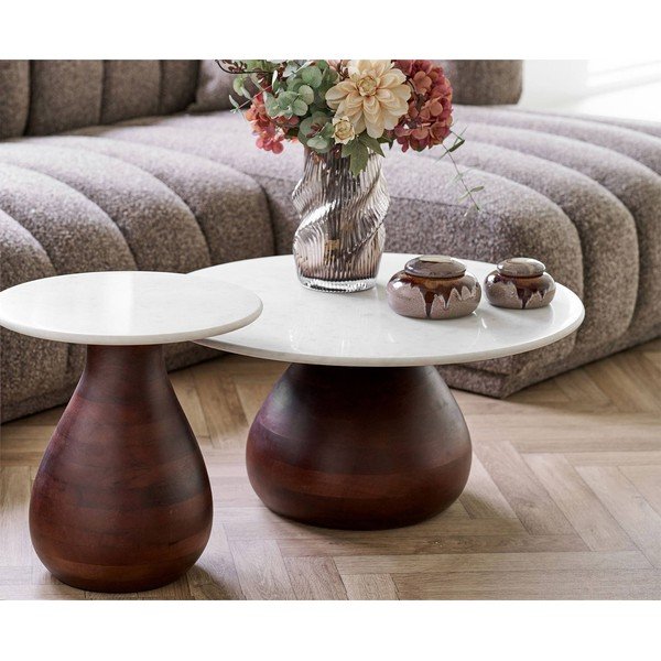 Biely/v tmavoprírodnej farbe okrúhly konferenčný stolík s mramorovou doskou ø 70 cm Heide – House Nordic-image-1