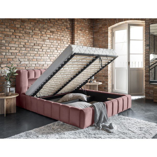 Ružová čalúnená dvojlôžková posteľ s úložným priestorom s roštom 160x200 cm Lamica – ELTAP-image-4