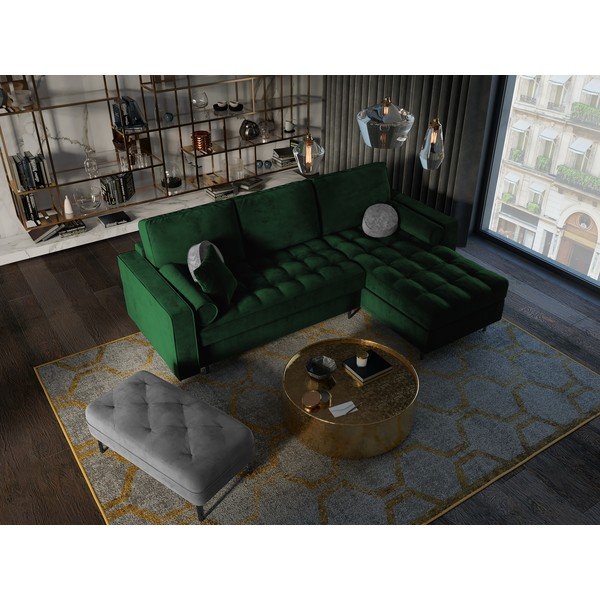 Zelená zamatová rozkladacia rohová pohovka Milo Casa Santo, pravý roh-image-1