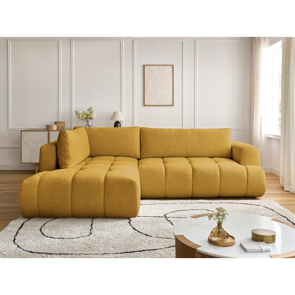 Rozkladacia/s úložným priestorom rohová pohovka v horčicovej farbe (ľavý roh/do L) Fuji – Bobochic Paris-image-1