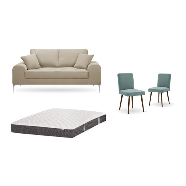 Set dvojmiestnej sivobéžovej pohovky, 2 sivozelených stoličiek a matraca 140 × 200 cm Home Essentials