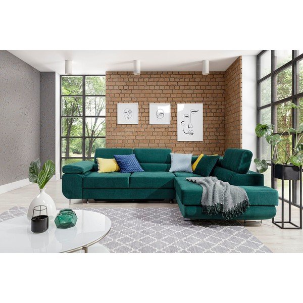 Zelená zamatová rozkladacia/s úložným priestorom rohová pohovka (pravý roh/do L) Anton – ELTAP-image-1