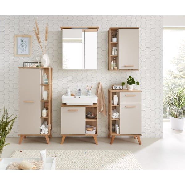 Krémová vysoká kúpeľňová skrinka v dekore duba 50,5x128 cm Quickset 966 – Pelipal-image-1