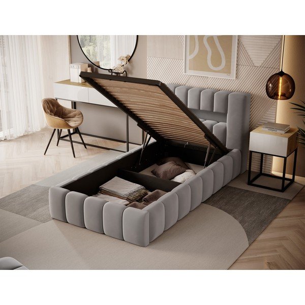 Sivá čalúnená jednolôžková posteľ s úložným priestorom s roštom 90x200 cm Lamica – ELTAP-image-2