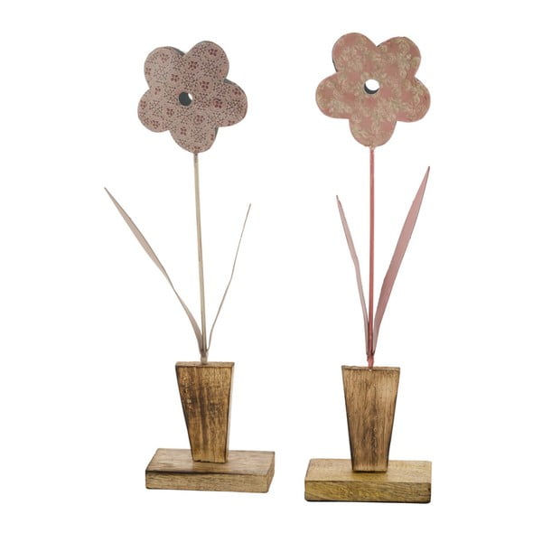 Sada 2 malých ružových dekorácií z kovu na drevenom podstavci s motívom kvetiny Ego Dekor, 9 × 32,5 cm