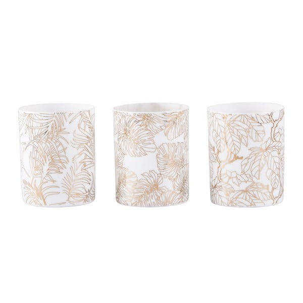 Sada 3 bielych svietnikov na čajovú sviečku s potlačou v zlatej farbe KJ Collection Nyny
