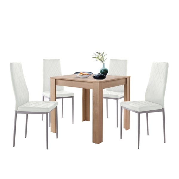 Set jedálenského stola v dubovom dekore a 4 bielych jedálenských stoličiek Støraa Lori and Barak, 80 x 80 cm