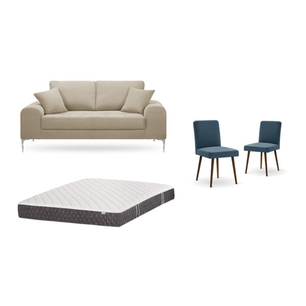 Set dvojmiestnej sivobéžovej pohovky, 2 modrých stoličiek a matraca 140 × 200 cm Home Essentials