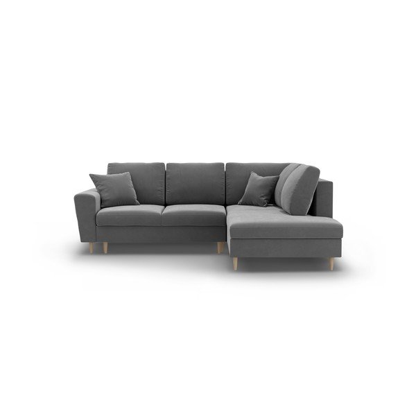 Svetlosivá zamatová rozkladacia/s úložným priestorom rohová pohovka (pravý roh/do L) Kyoto – Cosmopolitan Design