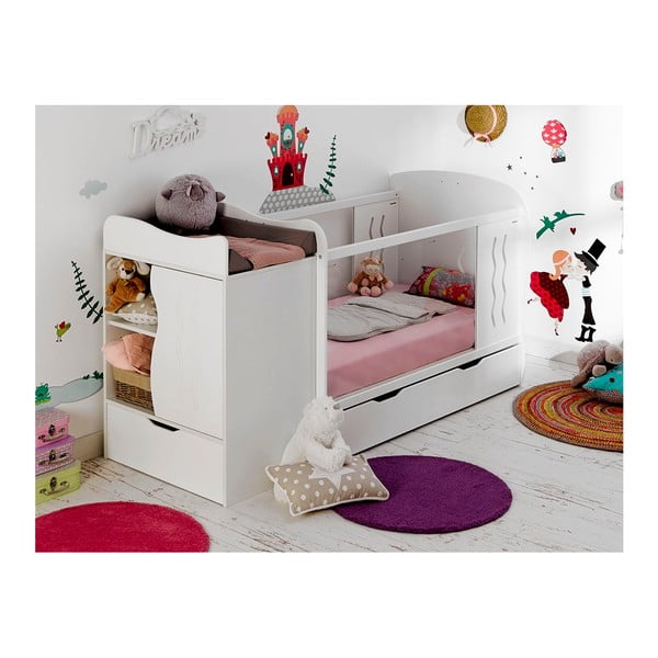 Detská biela variabilná posteľ s úložnou zásuvkou a komodou BÉBÉ Provence Combo Belem