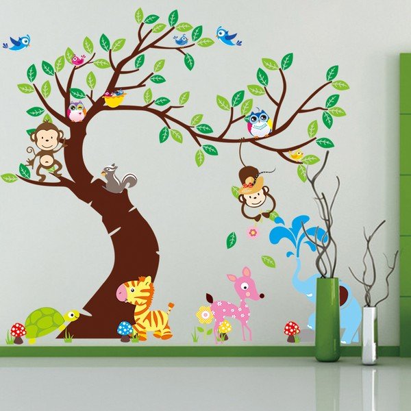 Sada nástenných detských samolepiek Ambiance Tree, Monkeys and Elephant-image-1