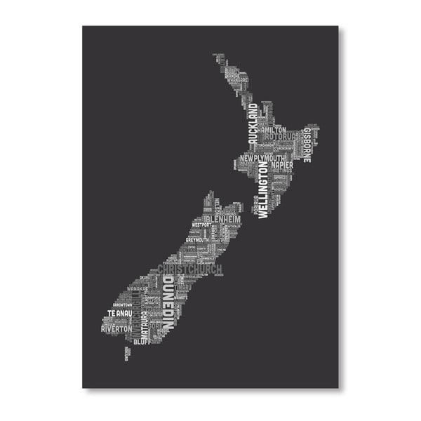 Čierny plagát s mapou Nového Zélandu Americanflat, 60  ×   42 cm