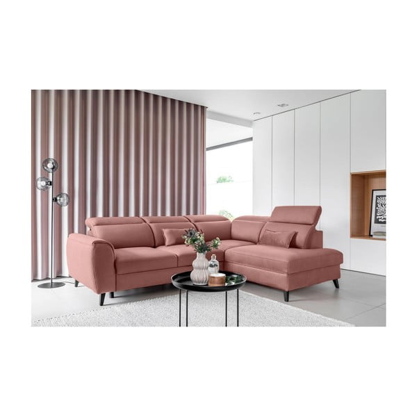 Ružová zamatová rozkladacia/s úložným priestorom rohová pohovka (pravý roh/do L) Noble – ELTAP-image-1