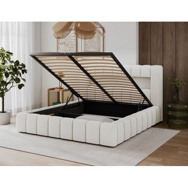 Krémovobiela čalúnená dvojlôžková posteľ s úložným priestorom s roštom 140x200 cm Lamica – ELTAP-image-4