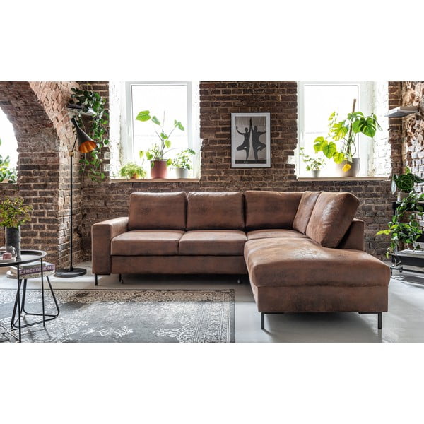 Hnedá rozkladacia rohová pohovka z imitácie kože (pravý roh) Lofty Lilly – Miuform-image-1