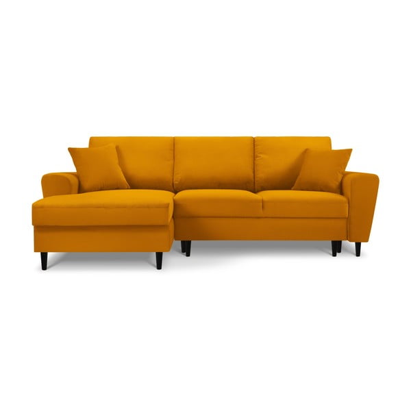 Menčestrová rozkladacia/s úložným priestorom rohová pohovka v horčicovej farbe (ľavý roh/s leňoškou) Kyoto – Cosmopolitan Design