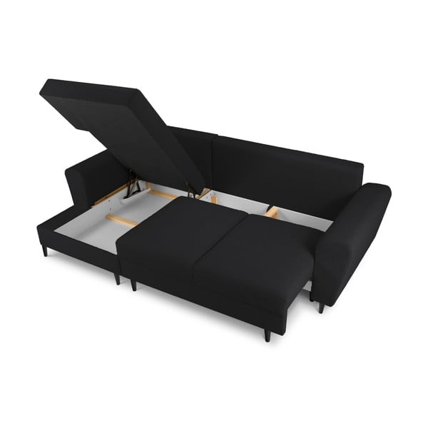 Čierna rozkladacia/s úložným priestorom rohová pohovka z textílie buklé (ľavý roh/s leňoškou) Kyoto – Cosmopolitan Design-image-3