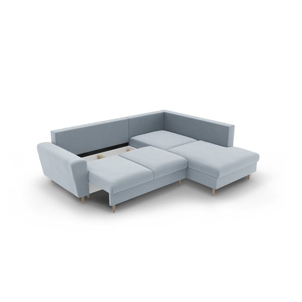 Svetlomodrá zamatová rozkladacia/s úložným priestorom rohová pohovka (pravý roh/do L) Kyoto – Cosmopolitan Design-image-3