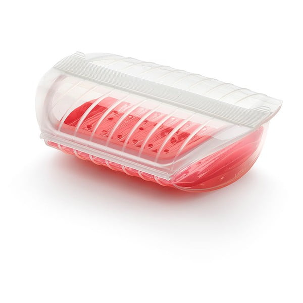 Transparentná silikónová nádoba s červeným podnosom na pečenie v páre pre 3- 4 porcie Lékué Steam Case