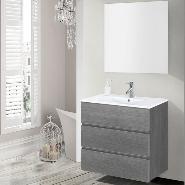 Kúpeľňová skrinka s umývadlom a zrkadlom Nayade, odtieň sivej, 70 cm