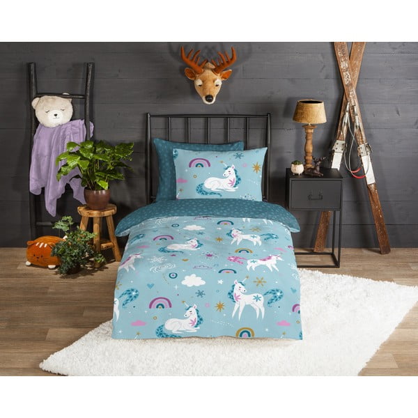 Modré flanelové detské obliečky na jednolôžko/predĺžené 140x220 cm Snowycorn – Good Morning-image-1