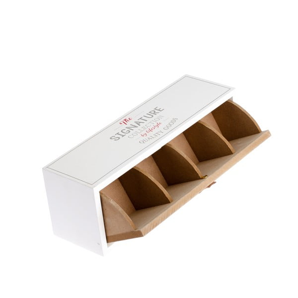 Biela drevená škatuľka na čaj s 3 priehradkami Dakls, 30 x 10,5 cm