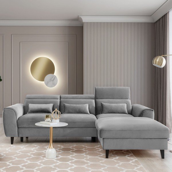 Sivá zamatová rozkladacia/s úložným priestorom rohová pohovka (pravý roh/s leňoškou) Foble – ELTAP-image-1