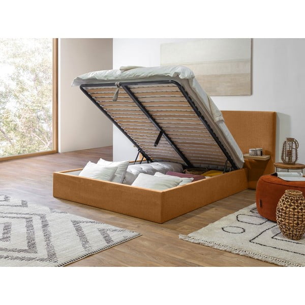 Okrovožltá čalúnená dvojlôžková posteľ s úložným priestorom s roštom 160x200 cm Blandine – Bobochic Paris-image-3