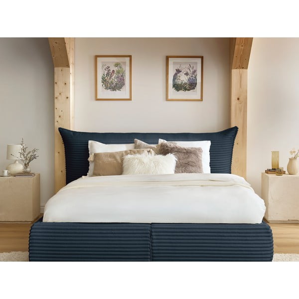 Tmavomodrá čalúnená dvojlôžková posteľ s úložným priestorom a roštom 160x200 cm Jade – Bobochic Paris-image-1