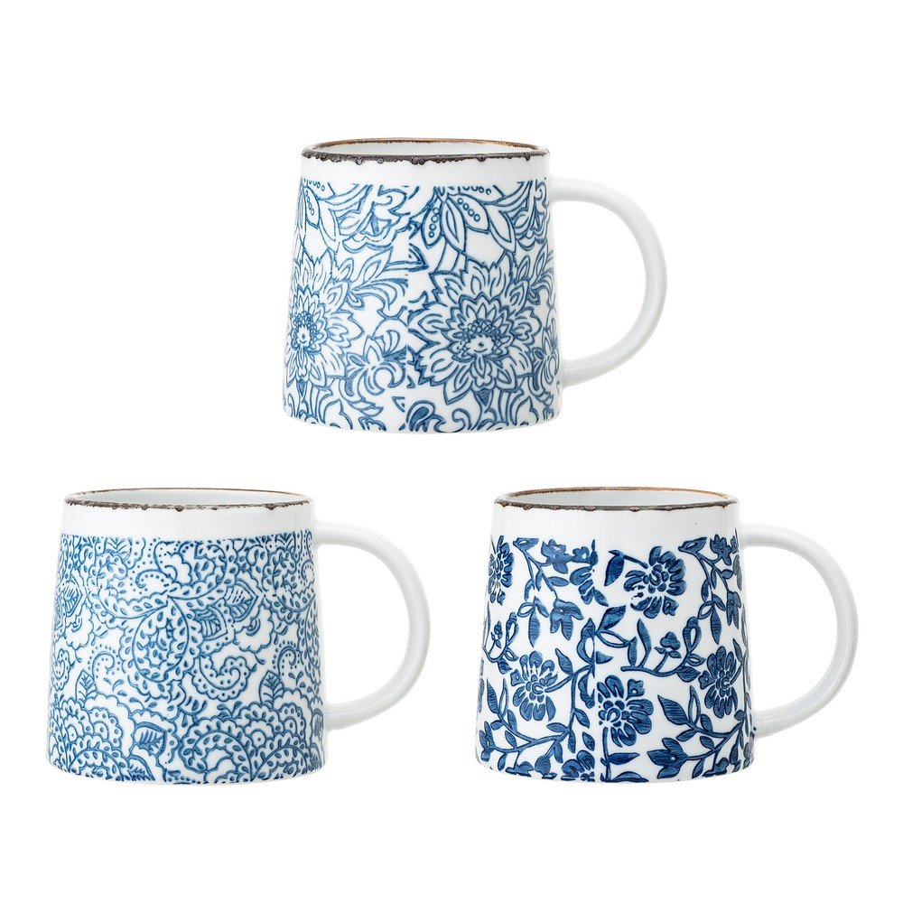 Biele/modré kameninové hrnčeky v súprave 3 ks Molly – Bloomingville