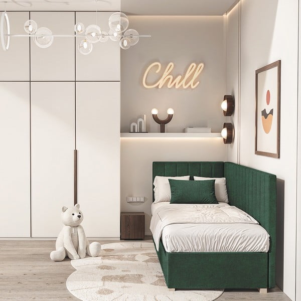 Tmavozelená rohová detská posteľ s úložným priestorom s matracom 90x200 cm Snugi – Ghado-image-1