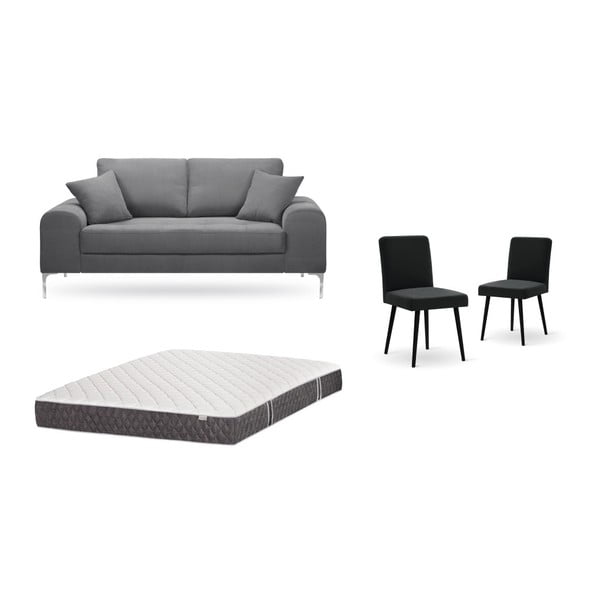 Set dvojmiestnej sivej pohovky, 2 čiernych stoličiek a matraca 140 × 200 cm Home Essentials