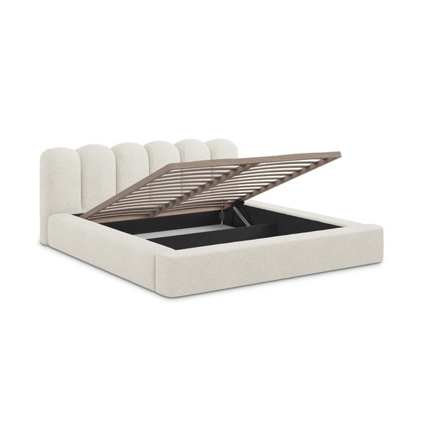 Krémovobiela čalúnená dvojlôžková posteľ s úložným priestorom s roštom 140x200 cm Mano – Makamii-image-2