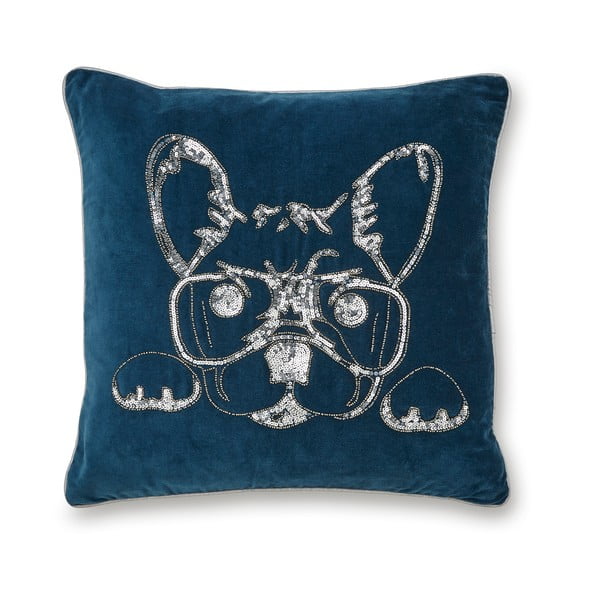 Modrý bavlnený dekoratívny vankúš Cooksmart ® French Bulldog, 50 x 50 cm