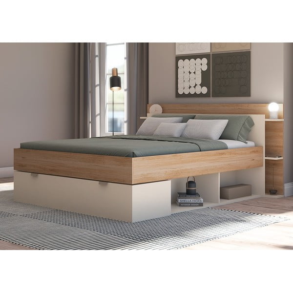Dvojlôžková posteľ v dekore duba s úložným priestorom bez roštu v bielo-prírodnej farbe 140x190 cm Albo – Marckeric-image-2