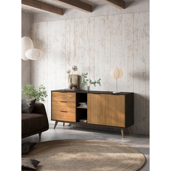 Čierna/prírodná nízka komoda z borovicového dreva 165x80 cm Lavis – Marckeric-image-1