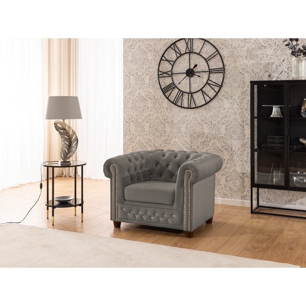 Sivé zamatové kreslo chesterfield York Blik – Ropez-image-1