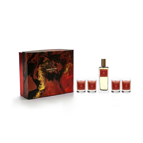 Set 4 vonných sviečok a bytového parfému v darčekovom balení s vôňou škorice a klinčeka Bahoma London
